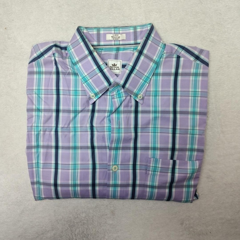 Peter Millar Shirt Mens L Purple Plaid Button Up Long‎ Sleeve Cotton Button-Down